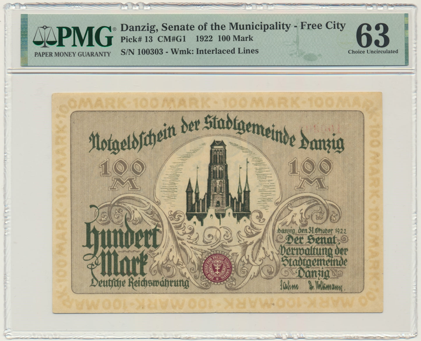 Gdańsk, Banknot 100 marek 1922 – PMG 63