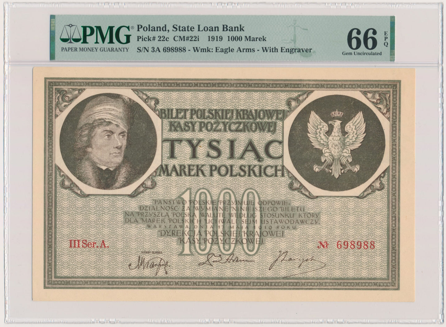 1.000 marek 1919 – III Ser. A. – 6 cyfr – PMG 66 EPQ