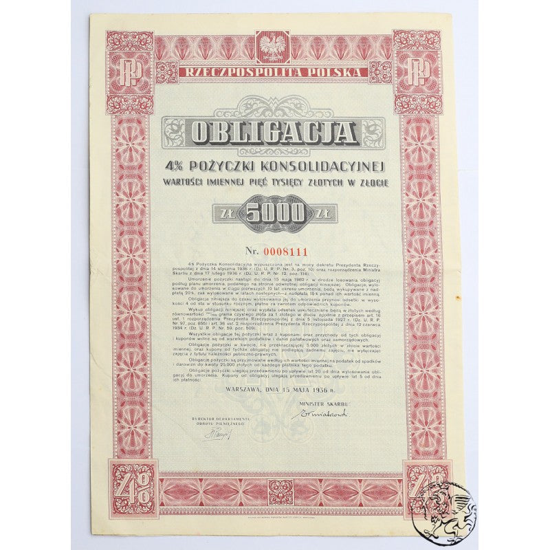 Polska, obligacja 5000 złotych, 4% pożyczki konsolidacyjnej 1936