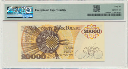 Banknot 20.000 złotych 1989 – U – PMG 66 EPQ – RZADKA