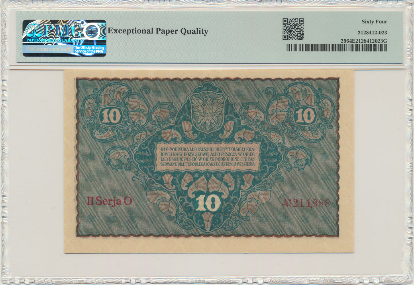 Banknot 10 marek 1919 – II Serja O – PMG 64 EPQ – rzadka seria jednoliterowa