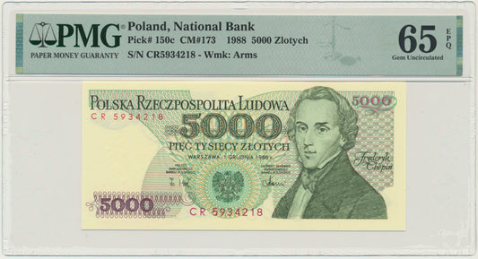 Banknot 5.000 złotych 1988 – CR – PMG 65 EPQ