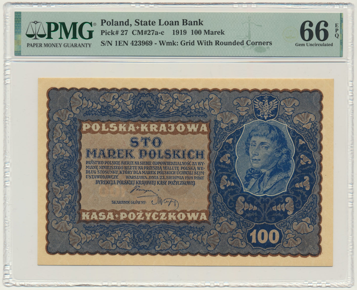 Banknot 100 marek 1919 – IE Serja N – PMG 66 EPQ