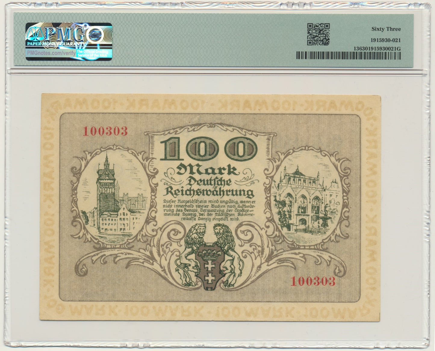 Gdańsk, Banknot 100 marek 1922 – PMG 63