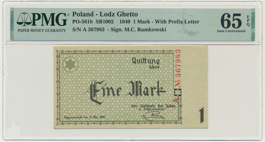 Banknot 1 marka 1940 – A – 6 cyfr – PMG 65 EPQ