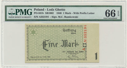 Banknot 1 marka 1940 – A – 6 cyfr – PMG 66 EPQ