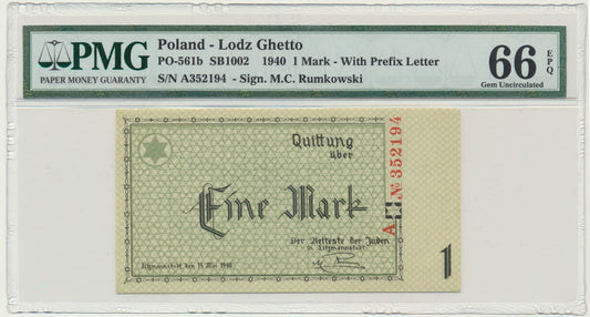 Banknot 1 marka 1940 – A – 6 cyfr – PMG 66 EPQ