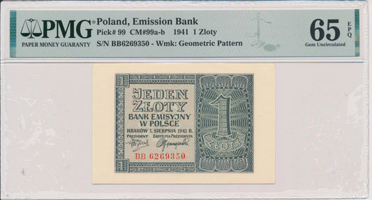 Banknot 1 złoty 1941 – BB – PMG 65 EPQ