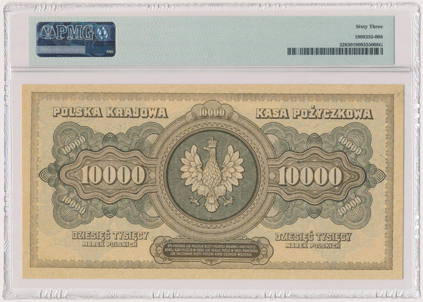 10.000 marek 1922 – K – PMG 63
