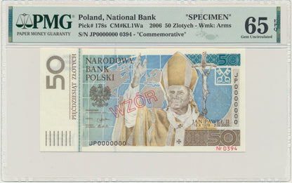 Banknot 50 złotych 2006 – Jan Paweł II – WZÓR – PMG 65 EPQ – RZADKOŚĆ