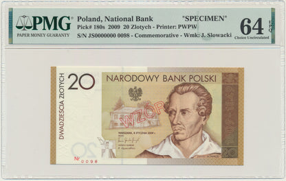 Banknot 20 złotych 2009 – Juliusz Słowacki – WZÓR – PMG 64 EPQ – RZADKOŚĆ