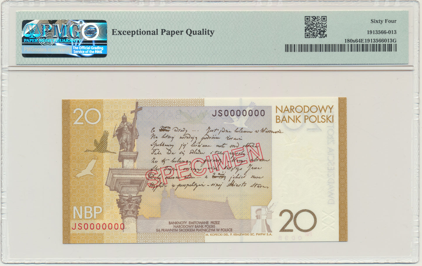 Banknot 20 złotych 2009 – Juliusz Słowacki – WZÓR – PMG 64 EPQ – RZADKOŚĆ