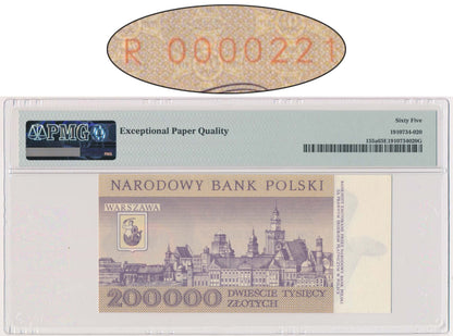 Banknot 200.000 złotych 1989 – R – PMG 65 EPQ – niski numer