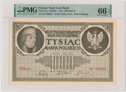 1.000 marek 1919 – III Ser. A. – 6 cyfr – PMG 66 EPQ