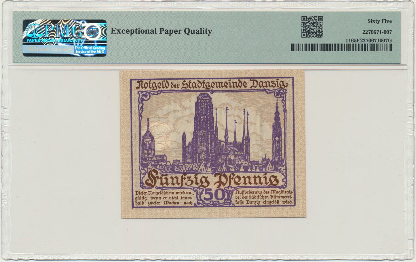 Gdańsk, Banknot 50 fenigów 1919 – fioletowy – PMG 65 EPQ