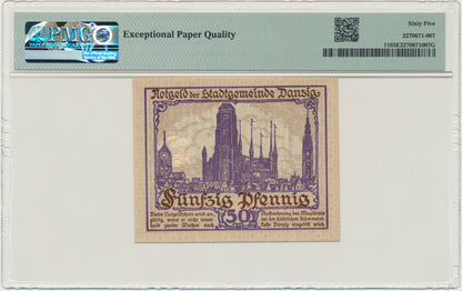 Gdańsk, Banknot 50 fenigów 1919 – fioletowy – PMG 65 EPQ