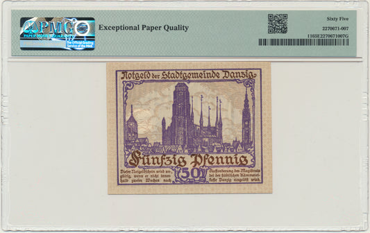 Gdańsk, Banknot 50 fenigów 1919 – fioletowy – PMG 65 EPQ