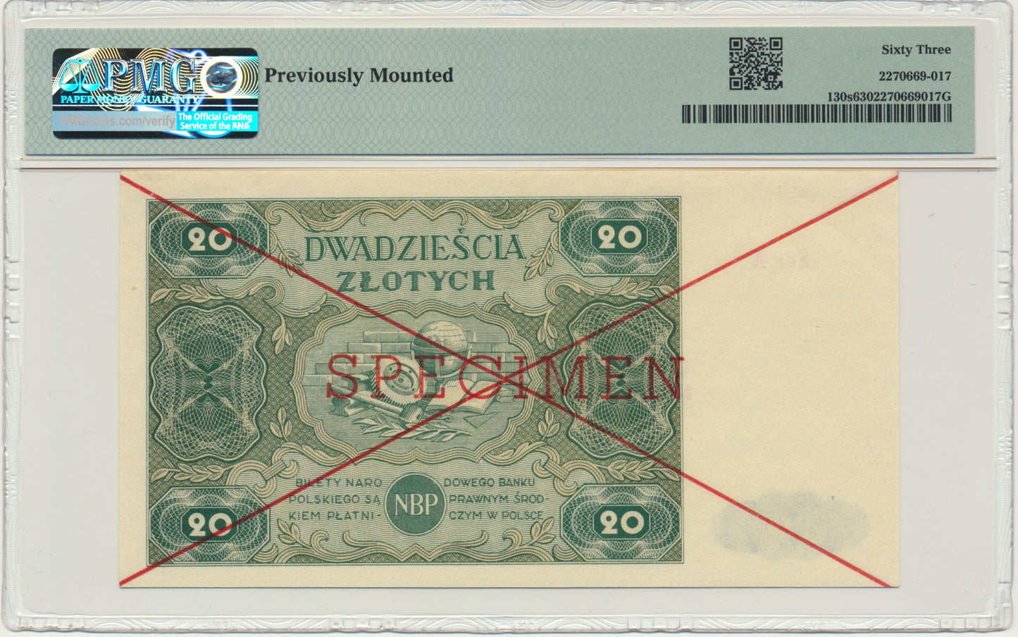 Banknot 20 złotych 1947 – SPECIMEN – A 1234567 – PMG 63