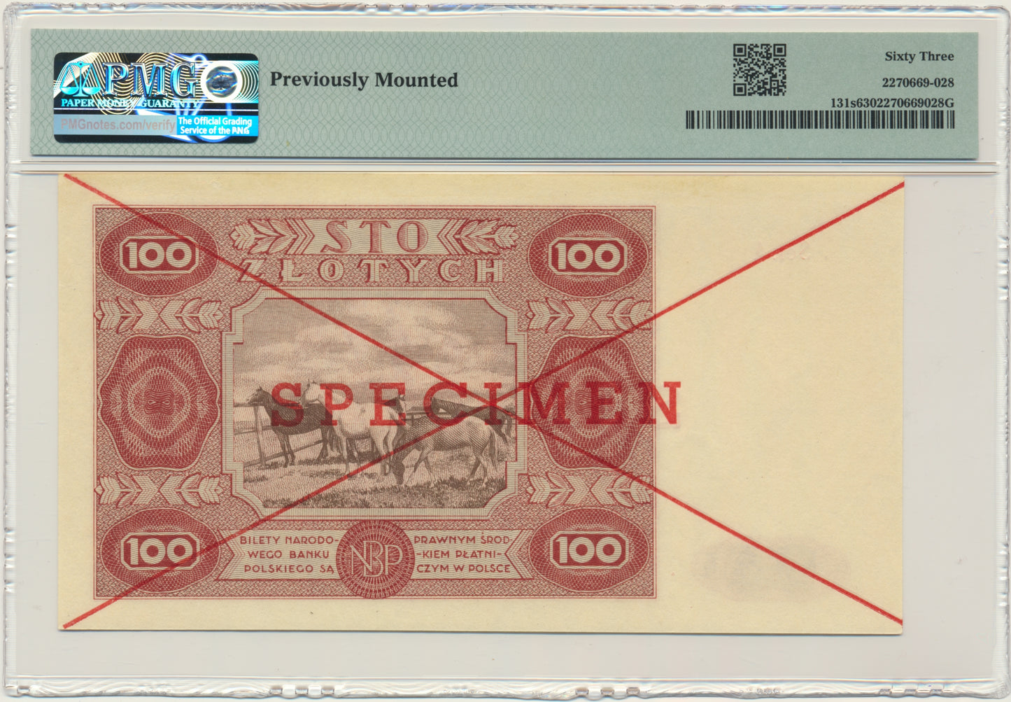 Banknot 100 złotych 1947 – SPECIMEN – A 1234567 – PMG 63