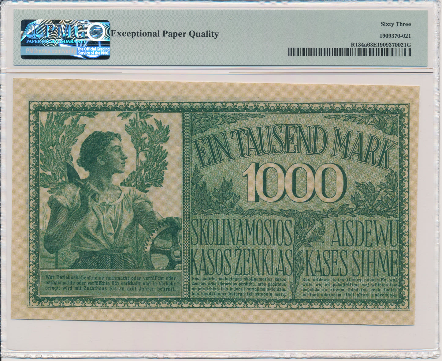 Kowno – Banknot 1.000 marek 1918 – A – 6 cyfr – PMG 63