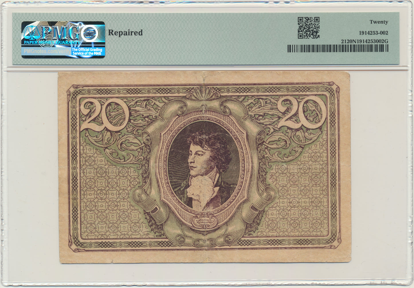 Banknot 20 marek 1919 – K – PMG 20 NET – RZADKA