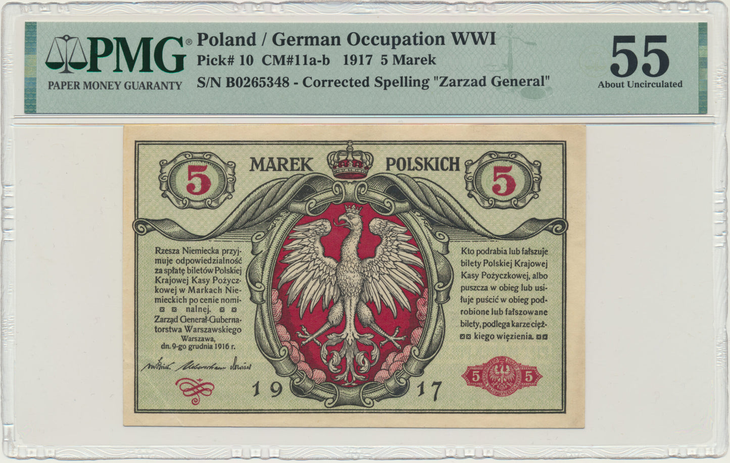 Banknot 5 marek 1917 – Generał – biletów – B – PMG 55