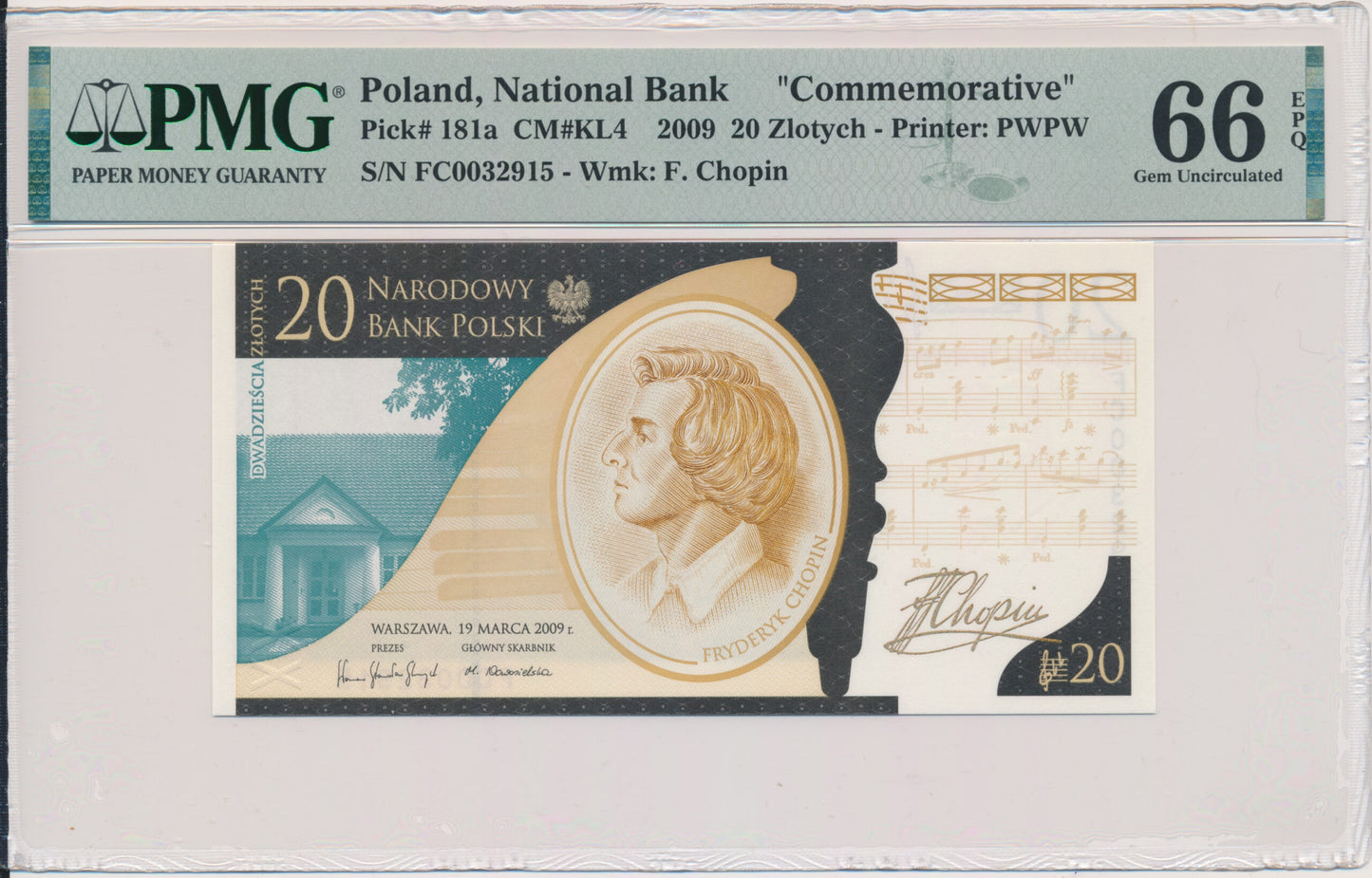 Banknot 20 złotych 2009 – Fryderyk Chopin – PMG 66 EPQ