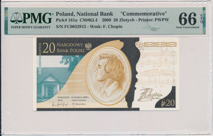 Banknot 20 złotych 2009 – Fryderyk Chopin – PMG 66 EPQ