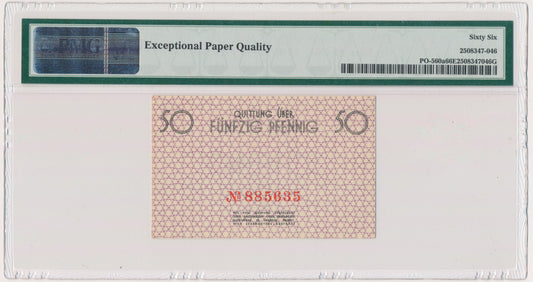 Banknot 50 fenigów 1940 – numerator czerwony – PMG 66 EPQ