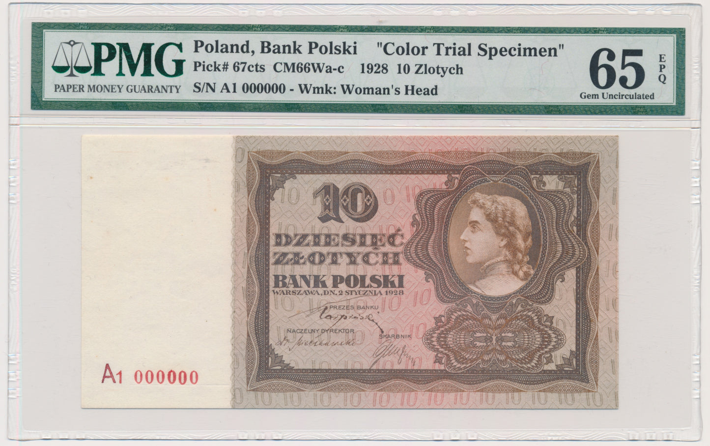 10 złotych 1928 – UKOŃCZONA PRÓBA – A1 000000 – wersja brązowa – PMG 65 EPQ – UNIKAT