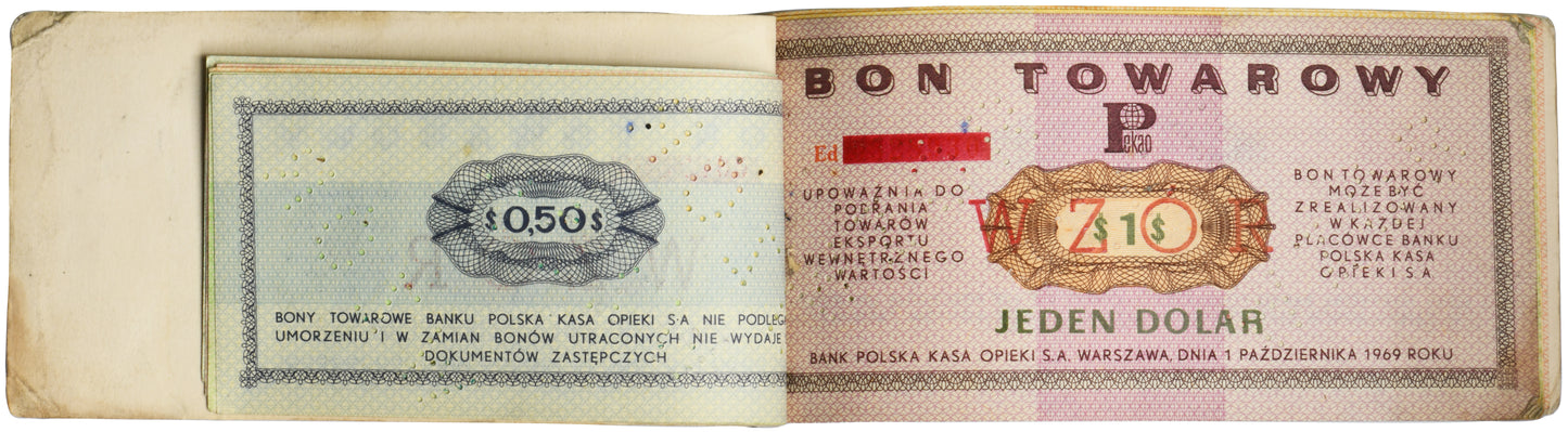 Pewex, Oryginalna książeczka WZORÓW,  1-100 dolarów 1969 z czerwonym zadrukiem – DUŻA RZADKOŚĆ