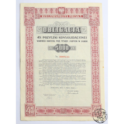 Polska, obligacja 5000 złotych, 4% pożyczki konsolidacyjnej 1936