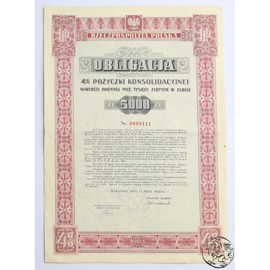 Polska, obligacja 5000 złotych, 4% pożyczki konsolidacyjnej 1936