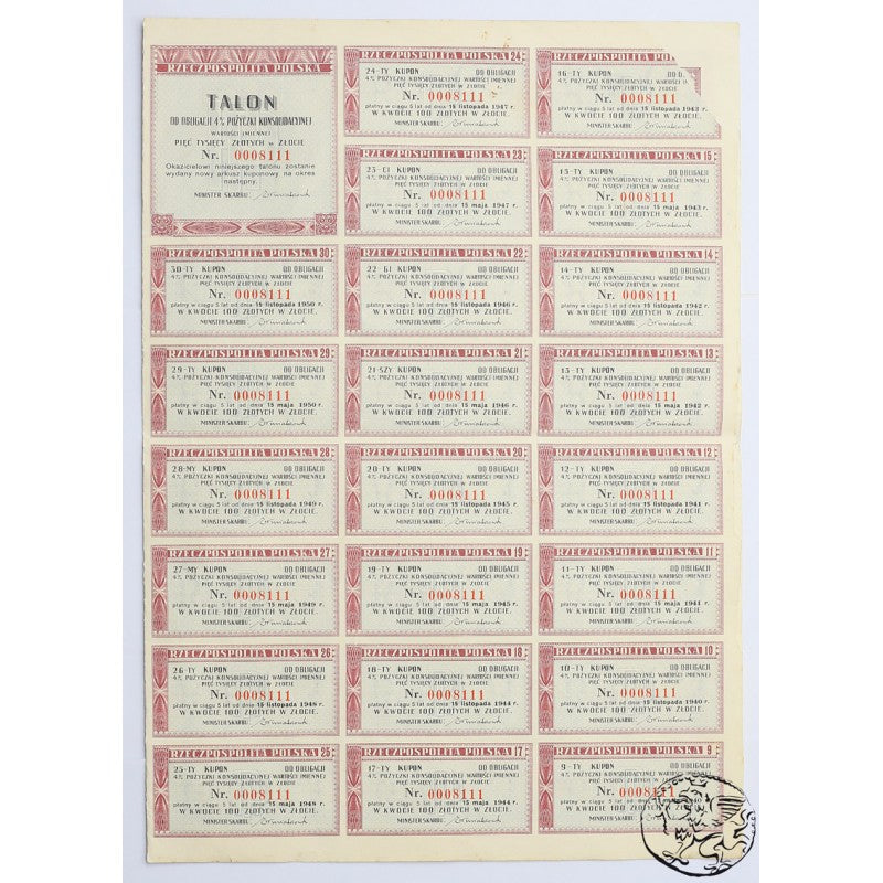 Polska, obligacja 5000 złotych, 4% pożyczki konsolidacyjnej 1936